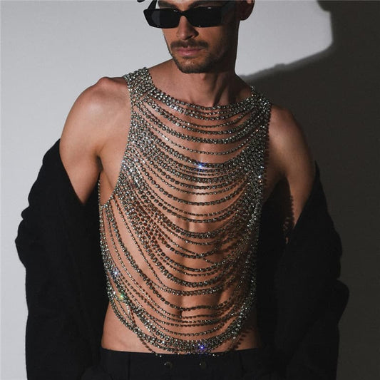 Layered Rhinestone Body Chain Stylish Chest Jewelry Unisex Party Wear