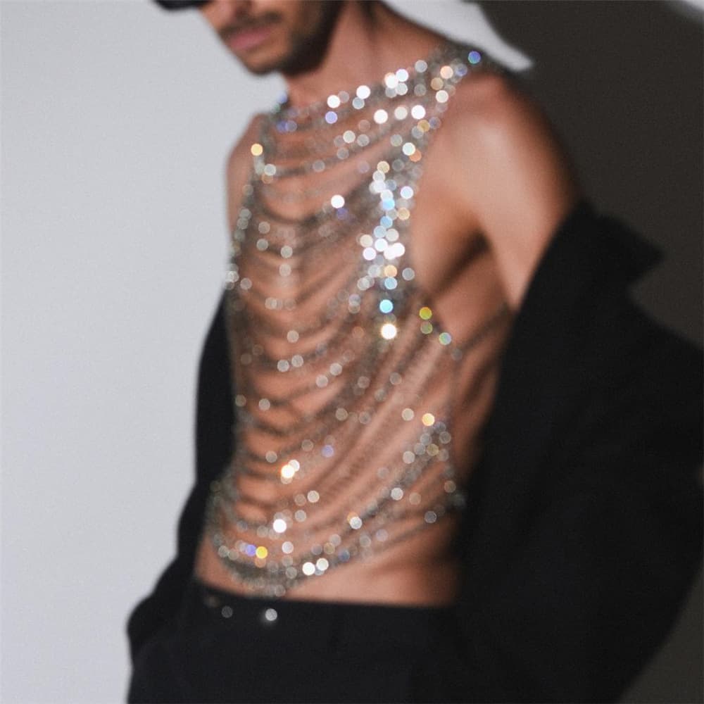 Layered Rhinestone Body Chain Stylish Chest Jewelry Unisex Party Wear