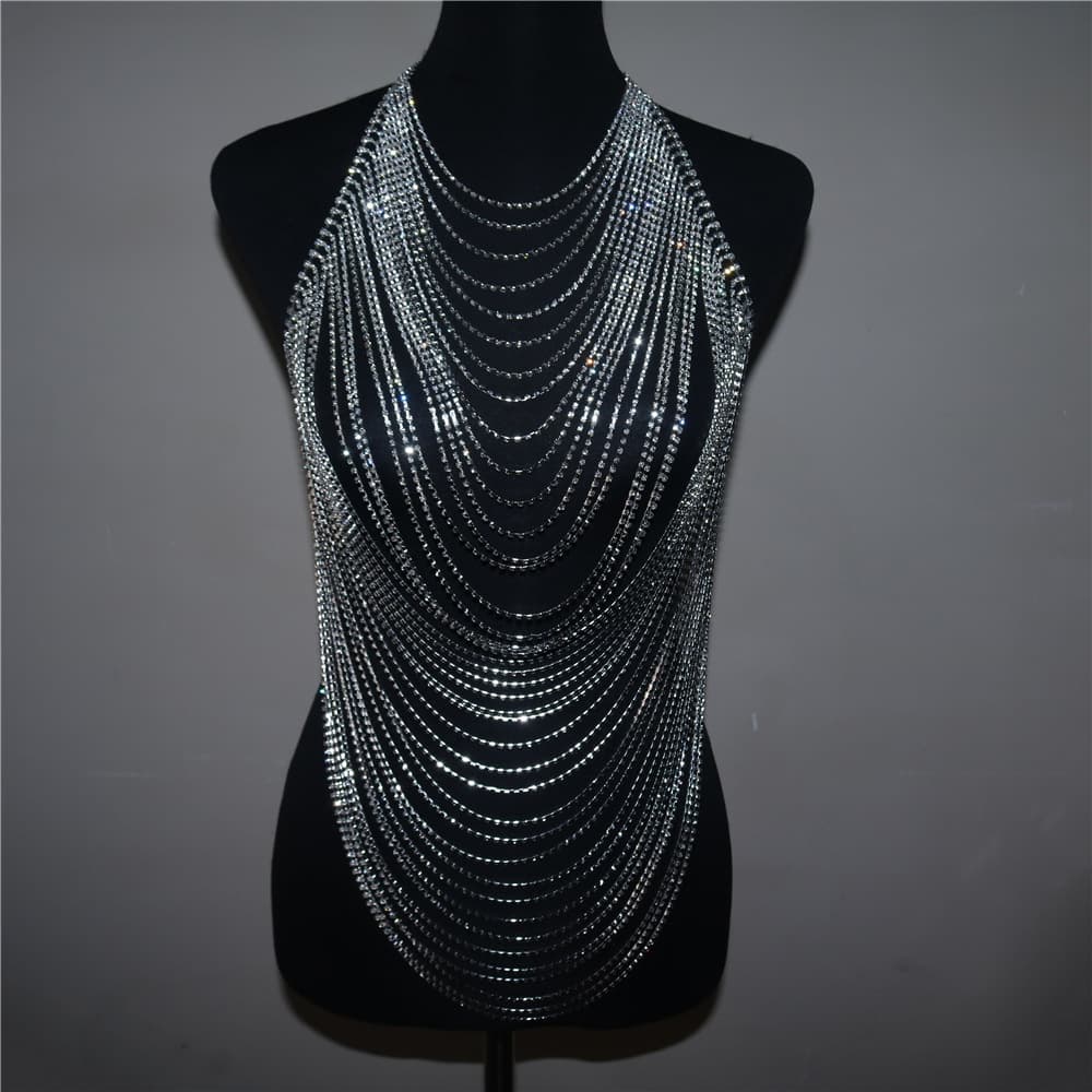 Layered Rhinestone Body Chain Stylish Chest Jewelry Unisex Party Wear