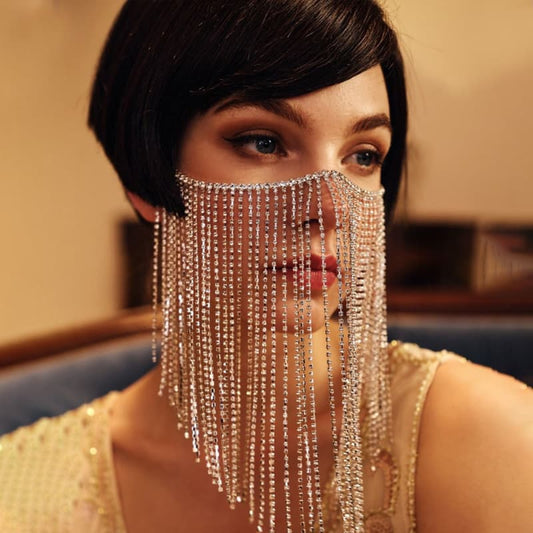 Elegant Rhinestone Mask Sexy Long Fringe Veil Face Jewelry for Gala Party