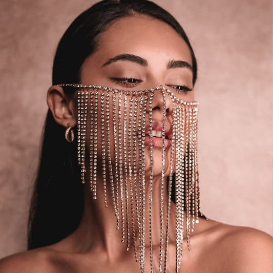 Elegant Rhinestone Mask Sexy Long Fringe Veil Face Jewelry for Gala Party