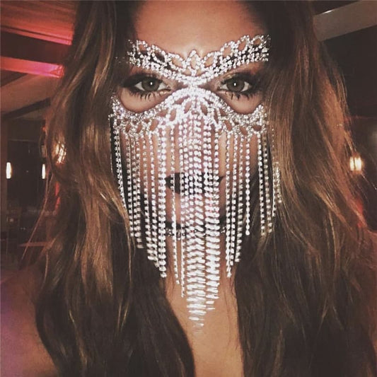 Long Fringe Rhinestone Mask – Elegant Masquerade Party Accessory for Women