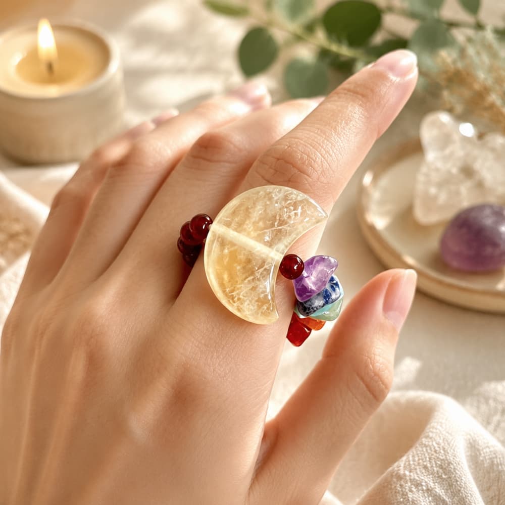 Natural Garnet Crystal Ring with Moon Charm and Colorful Gemstones