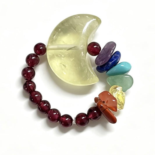 Natural Garnet Crystal Ring with Moon Charm and Colorful Gemstones