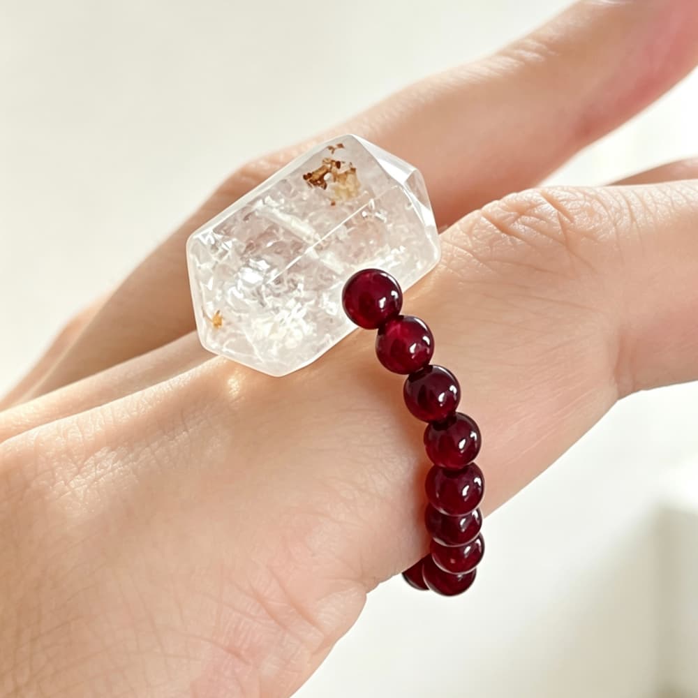 Natural Garnet Crystal Ring with Double Terminated Quartz Point