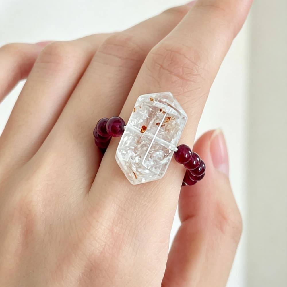 Natural Garnet Crystal Ring with Double Terminated Quartz Point
