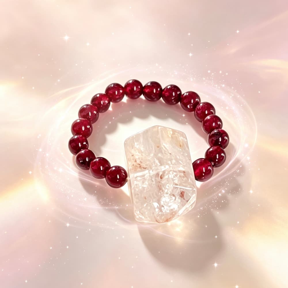 Natural Garnet Crystal Ring with Double Terminated Quartz Point