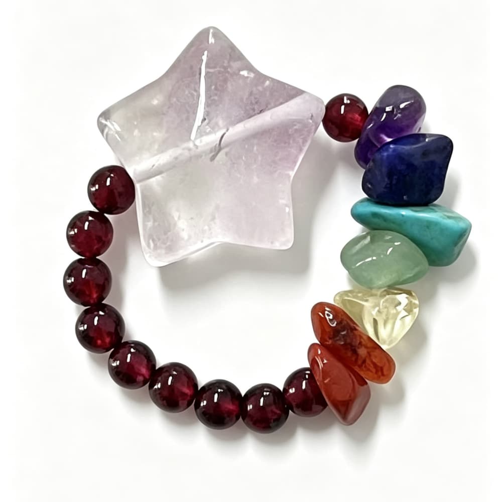 Natural Garnet Crystal Ring with Amethyst Star Charm and Gemstone Beads