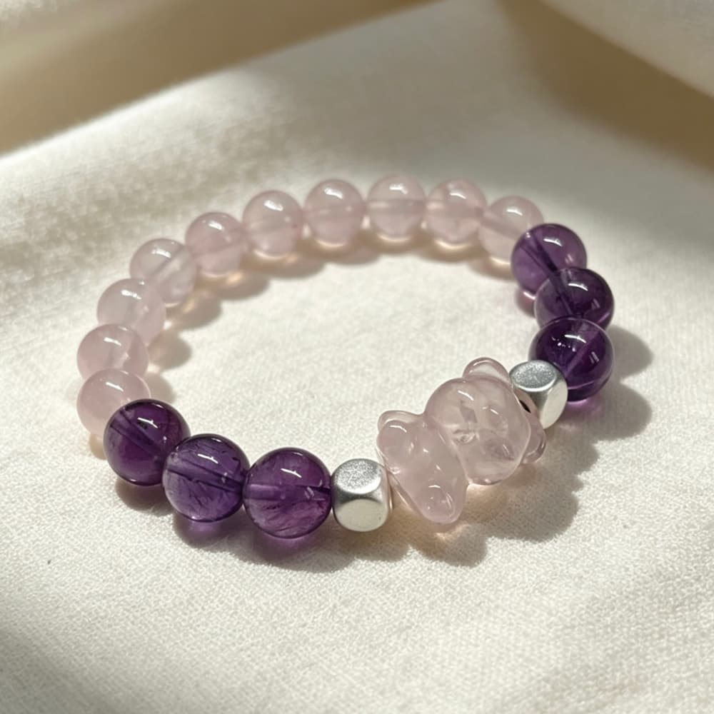 Violet Embrace｜Natural Amethyst & Rose Quartz Bear Bracelet