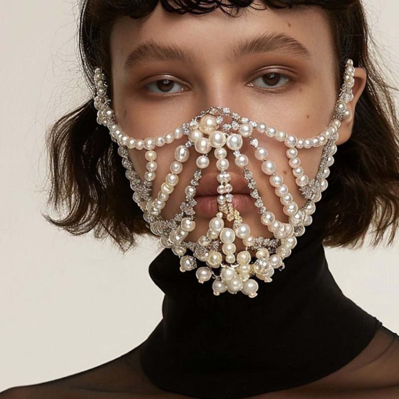 Pearl Rhinestone Mask Glamorous Exaggerated Party Face Accessory