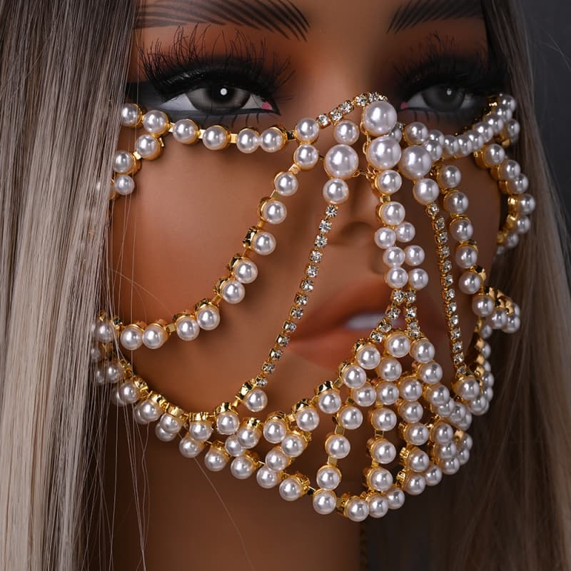 Pearl Rhinestone Mask Glamorous Exaggerated Party Face Accessory