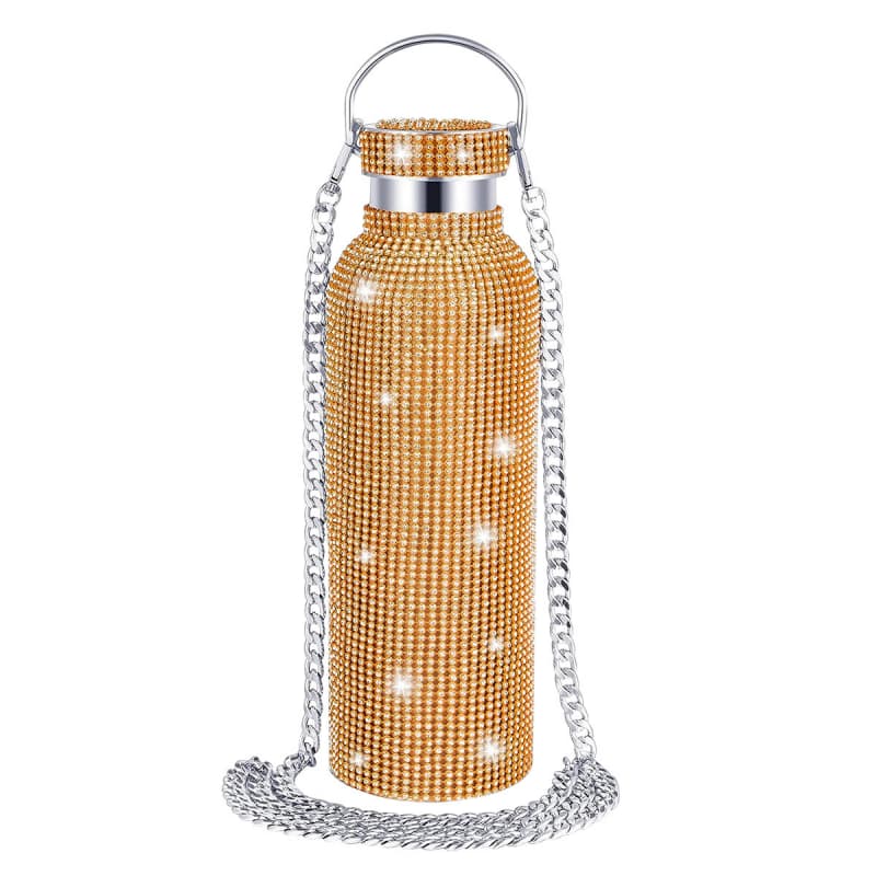 Rhinestone Stainless Steel Tumbler - Diamond Studded Water Bottle with Chain