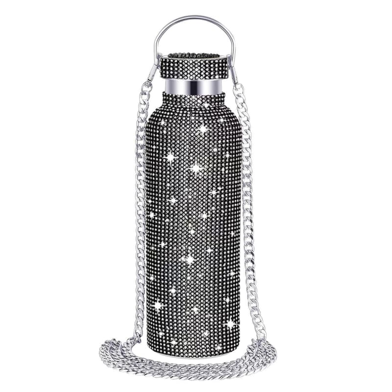 Rhinestone Stainless Steel Tumbler - Diamond Studded Water Bottle with Chain