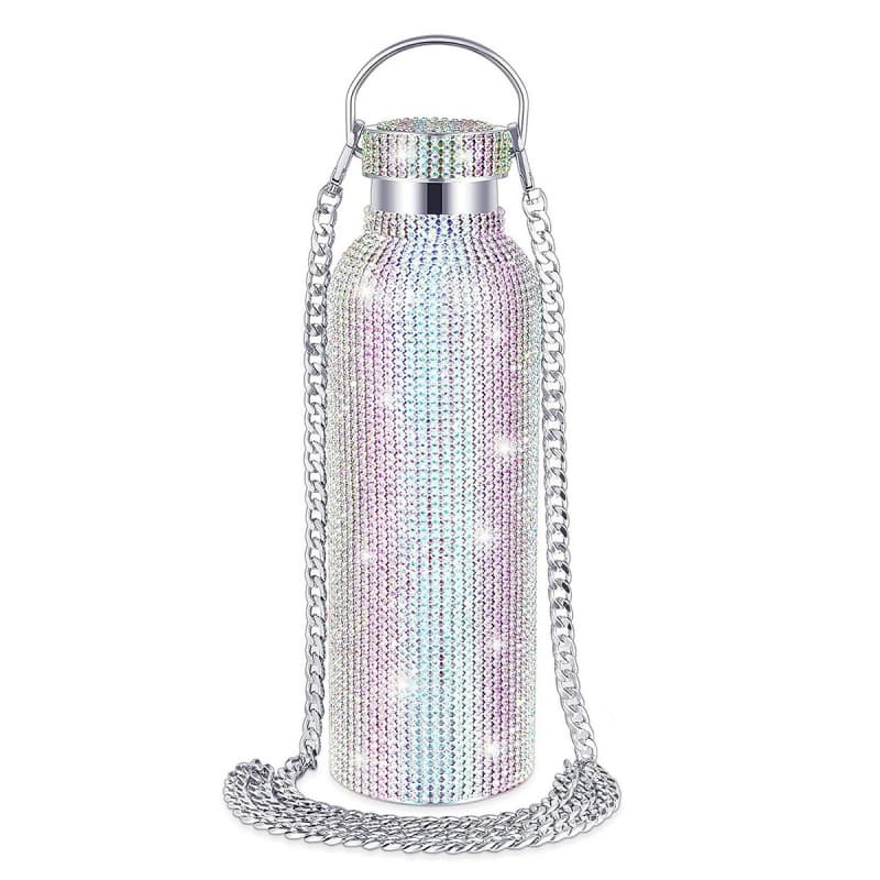 Rhinestone Stainless Steel Tumbler - Diamond Studded Water Bottle with Chain
