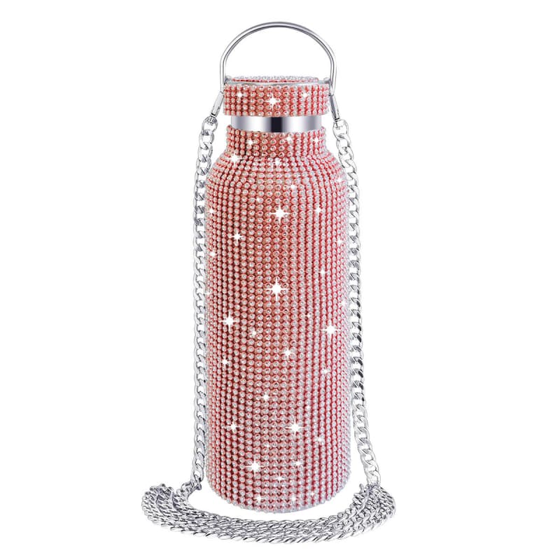 Rhinestone Stainless Steel Tumbler - Diamond Studded Water Bottle with Chain