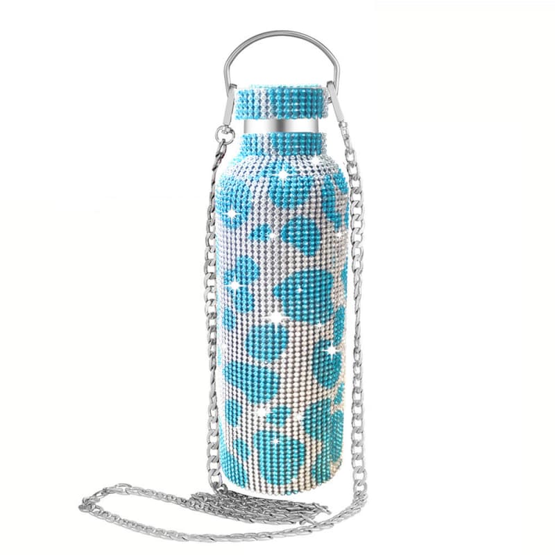 Rhinestone Stainless Steel Tumbler - Diamond Studded Water Bottle with Chain