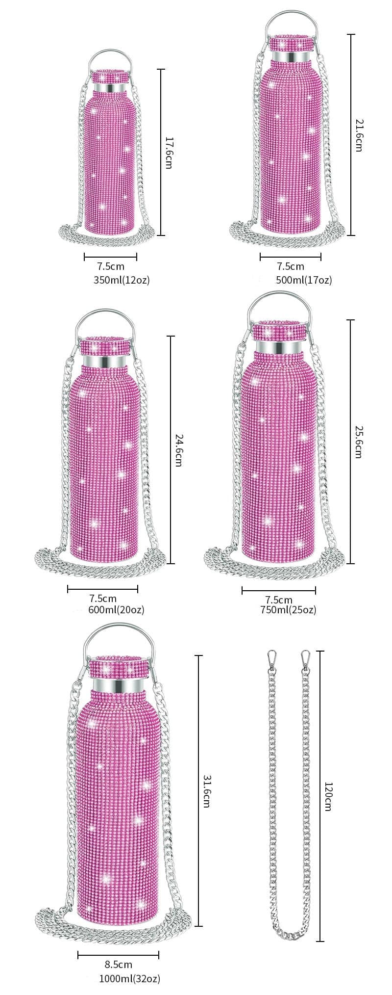 Rhinestone Stainless Steel Tumbler - Diamond Studded Water Bottle with Chain