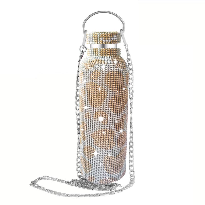 Rhinestone Stainless Steel Tumbler - Diamond Studded Water Bottle with Chain