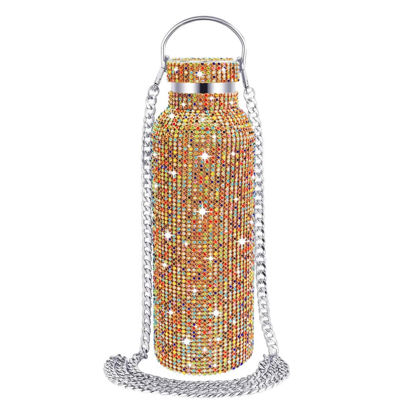 Rhinestone Stainless Steel Tumbler - Diamond Studded Water Bottle with Chain