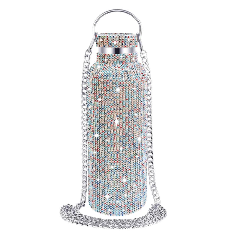 Rhinestone Stainless Steel Tumbler - Diamond Studded Water Bottle with Chain