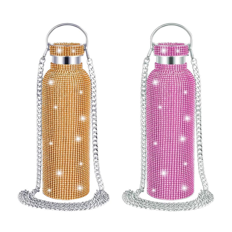 Rhinestone Stainless Steel Tumbler - Diamond Studded Water Bottle with Chain