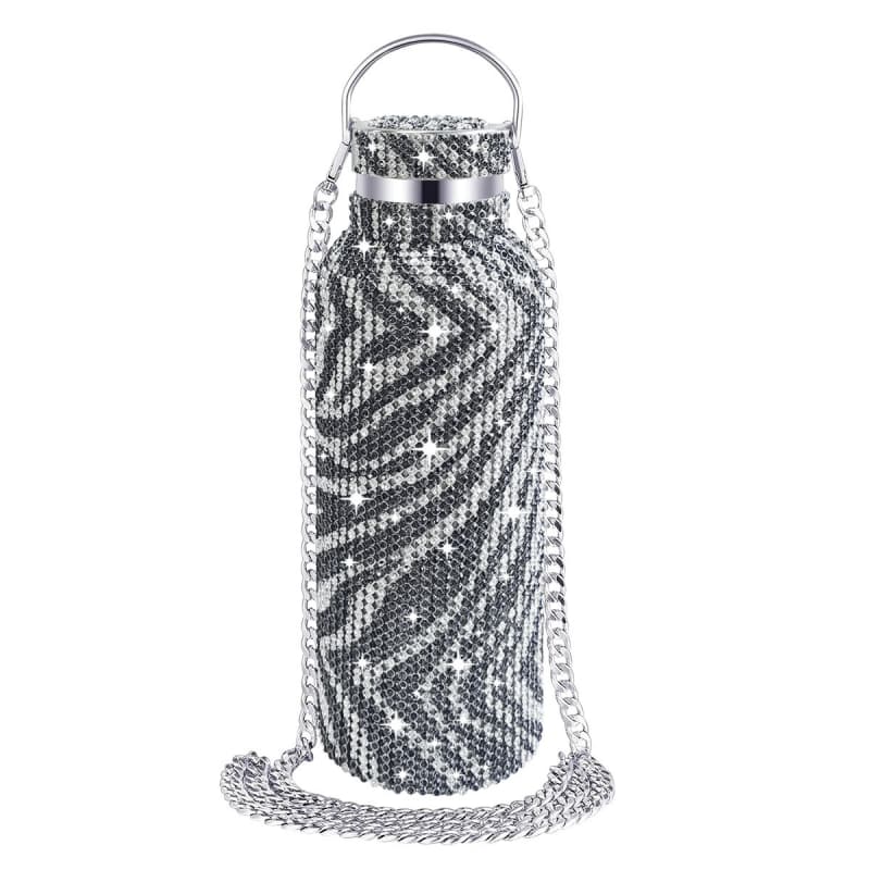 Rhinestone Stainless Steel Tumbler - Diamond Studded Water Bottle with Chain