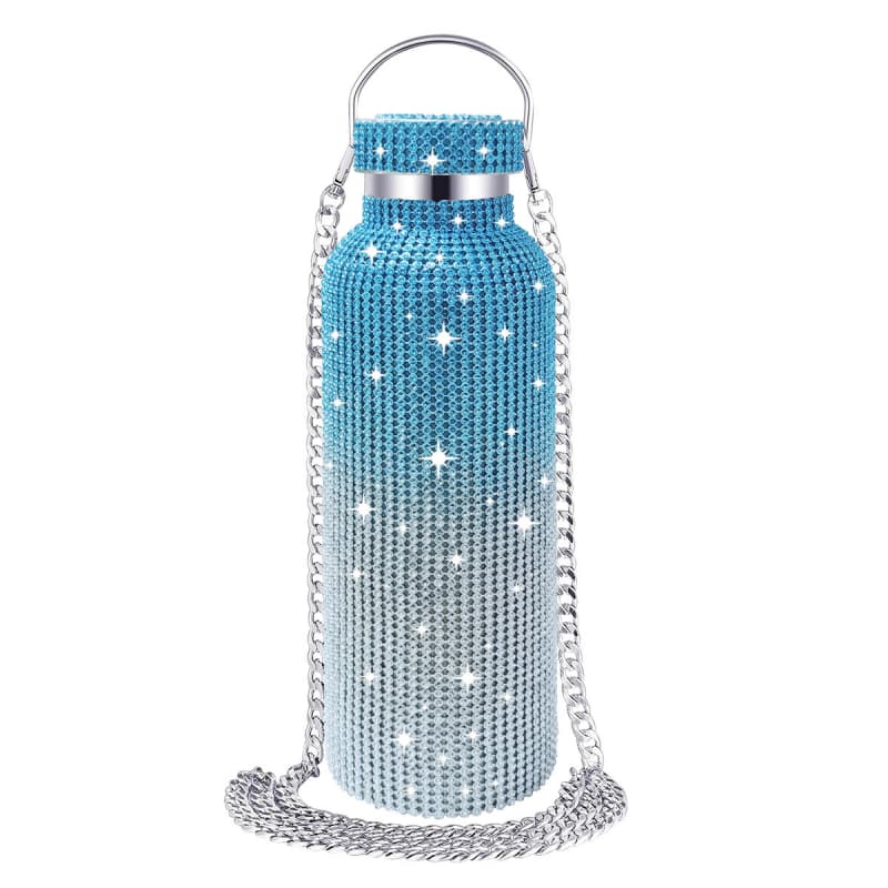 Rhinestone Stainless Steel Tumbler - Diamond Studded Water Bottle with Chain