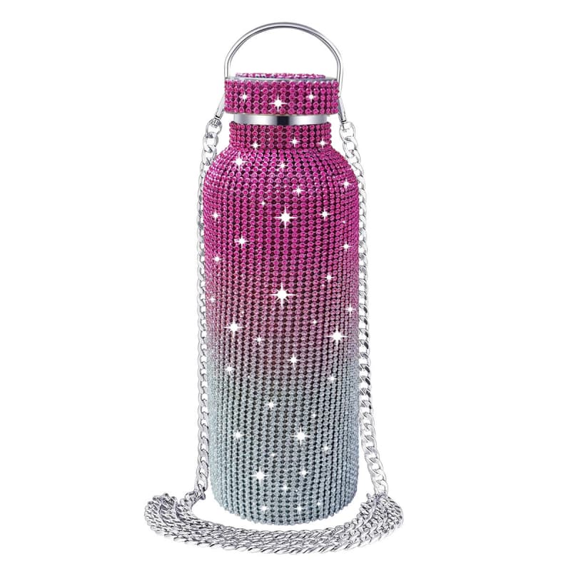Rhinestone Stainless Steel Tumbler - Diamond Studded Water Bottle with Chain