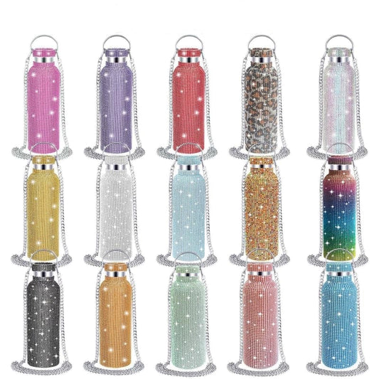Rhinestone Stainless Steel Tumbler - Diamond Studded Water Bottle with Chain