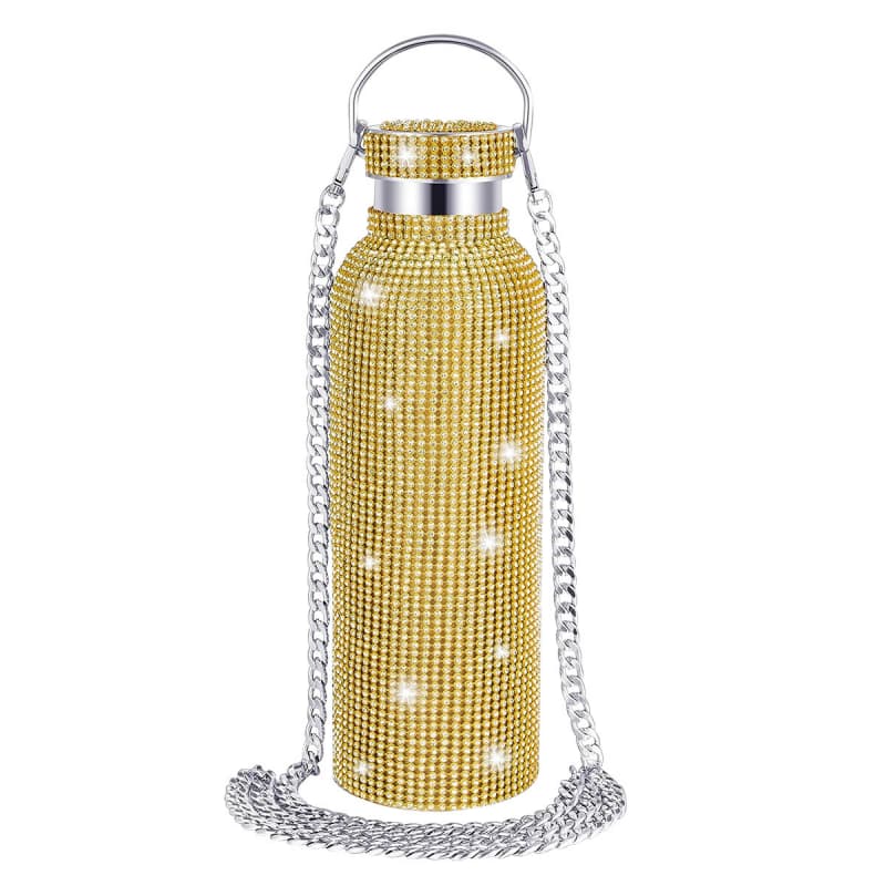 Rhinestone Stainless Steel Tumbler - Diamond Studded Water Bottle with Chain