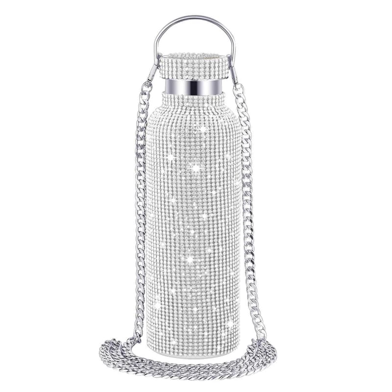 Rhinestone Stainless Steel Tumbler - Diamond Studded Water Bottle with Chain