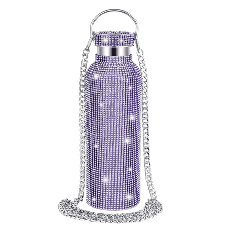 Rhinestone Stainless Steel Tumbler - Diamond Studded Water Bottle with Chain