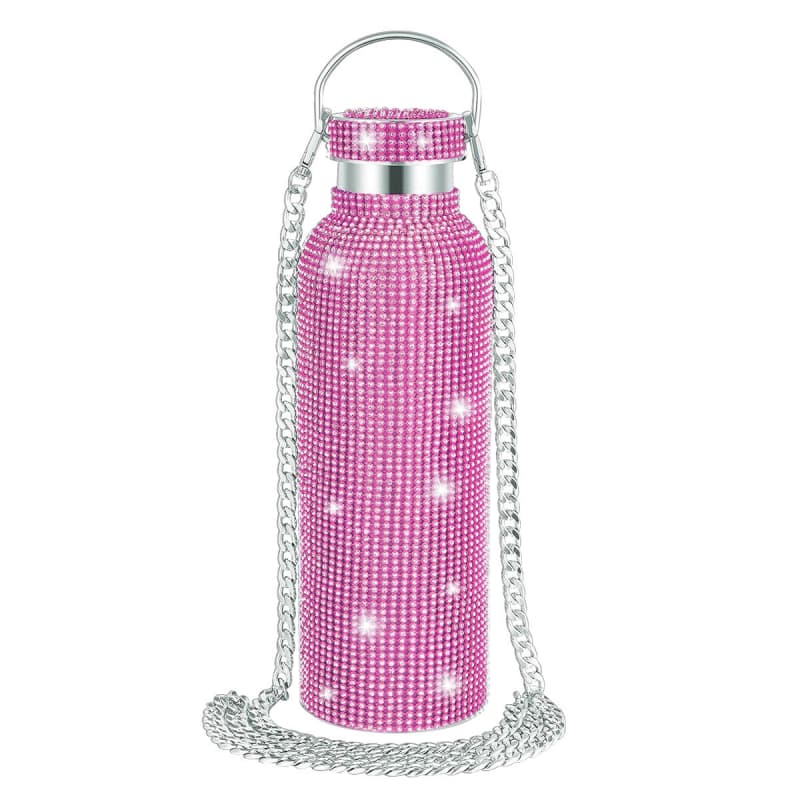 Rhinestone Stainless Steel Tumbler - Diamond Studded Water Bottle with Chain