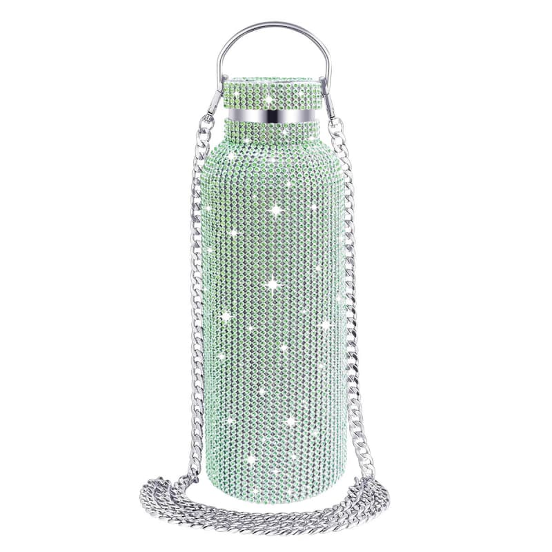 Rhinestone Stainless Steel Tumbler - Diamond Studded Water Bottle with Chain