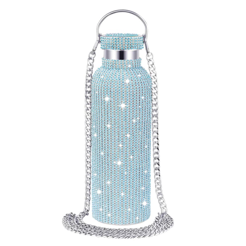 Rhinestone Stainless Steel Tumbler - Diamond Studded Water Bottle with Chain