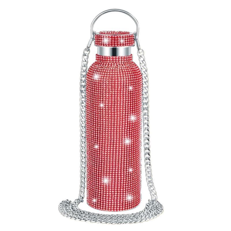 Rhinestone Stainless Steel Tumbler - Diamond Studded Water Bottle with Chain