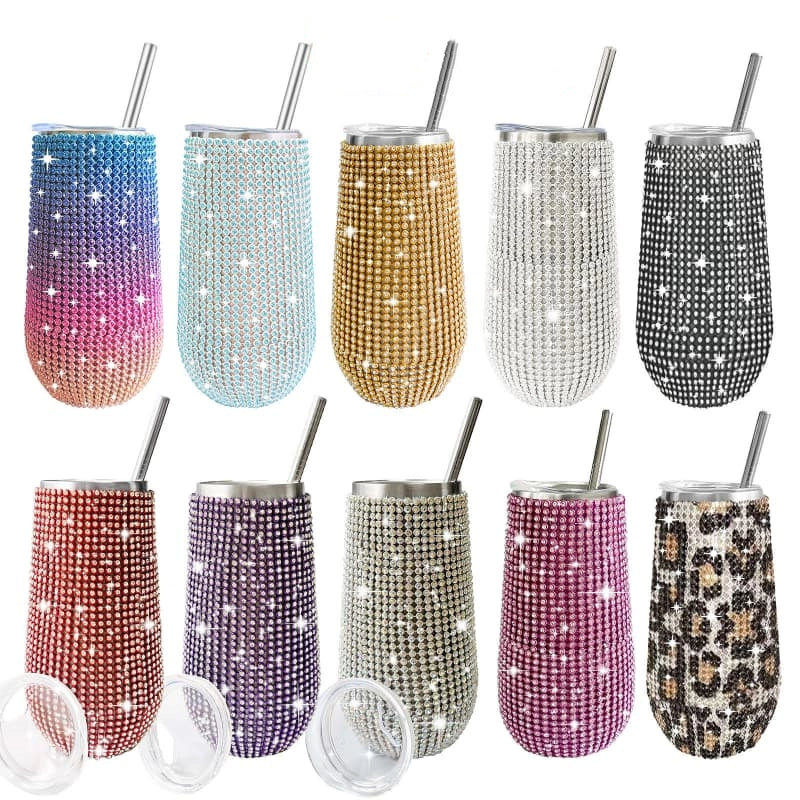 6 Oz Rhinestone U-Shaped Stainless Steel Vacuum Insulated Tumbler with Straw