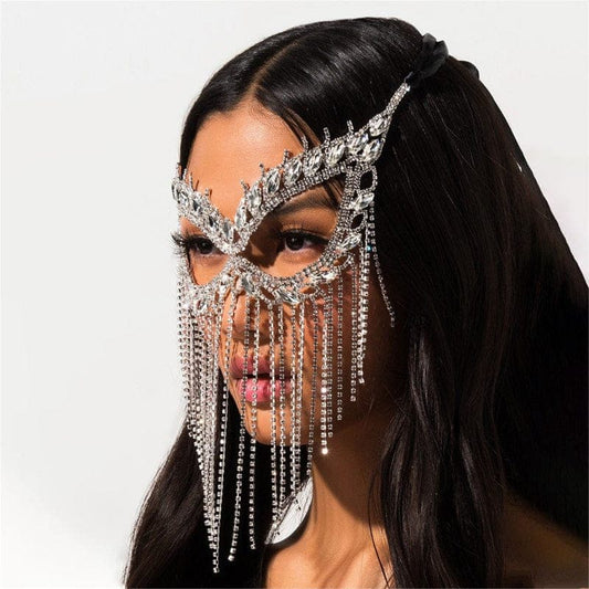 Sexy Rhinestone Face Mask with Tassels - Dance Accessory