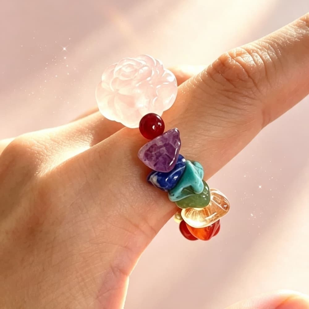 Natural Garnet Rose Quartz Crystal Ring with Flower Charm