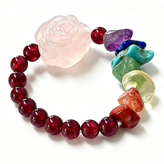 Natural Garnet Rose Quartz Crystal Ring with Flower Charm