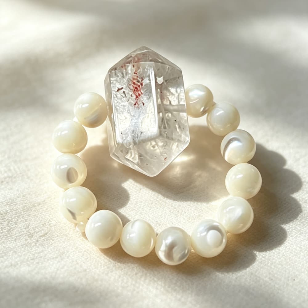 Shell Pearl Crystal Ring with Red Flower Quartz Charm