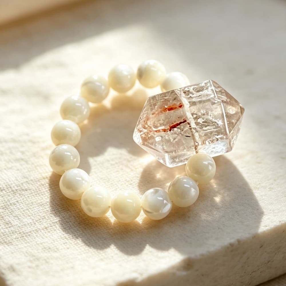 Shell Pearl Crystal Ring with Red Flower Quartz Charm