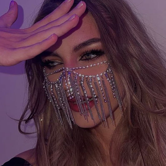 Sparkling Rhinestone Fringe Mask Women Elegant Face Jewelry Party Performance