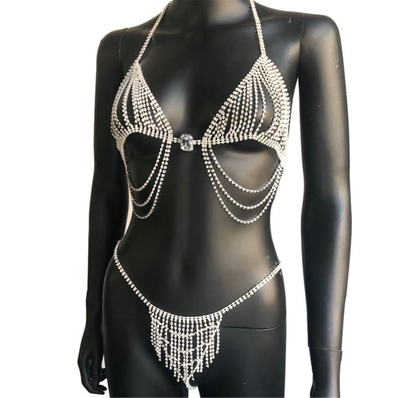 Sexy Rhinestone Tassel Bra Body Chain - Adjustable Lingerie