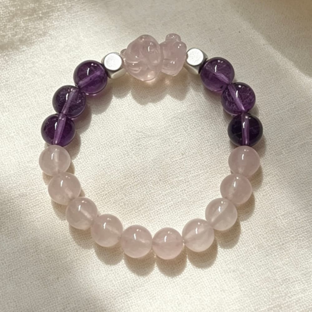 Violet Embrace｜Natural Amethyst & Rose Quartz Bear Bracelet