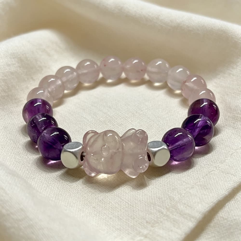 Violet Embrace｜Natural Amethyst & Rose Quartz Bear Bracelet