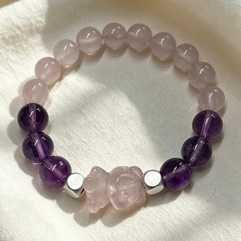 Violet Embrace｜Natural Amethyst & Rose Quartz Bear Bracelet