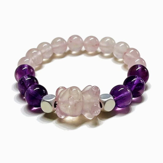 Violet Embrace｜Natural Amethyst & Rose Quartz Bear Bracelet
