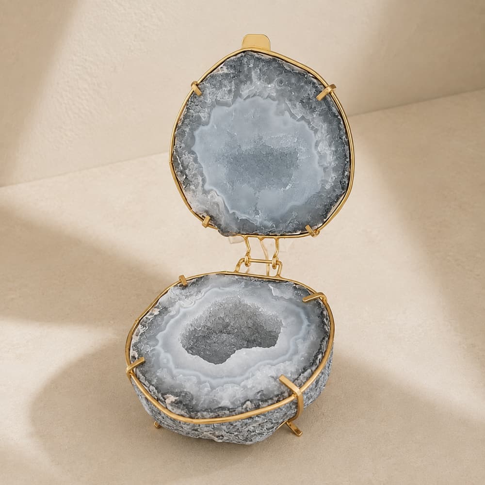 Natural Agate Geode Jewelry Box with Gold-Tone Frame