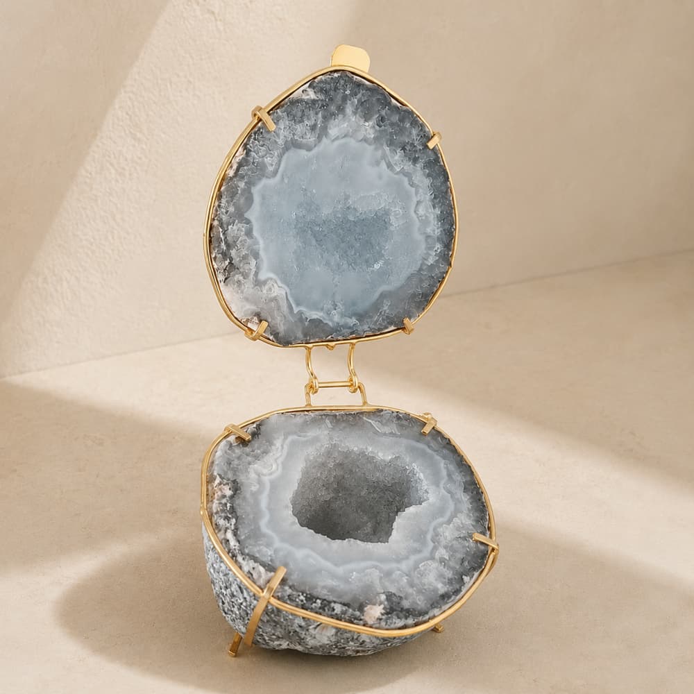 Natural Agate Geode Jewelry Box with Gold-Tone Frame